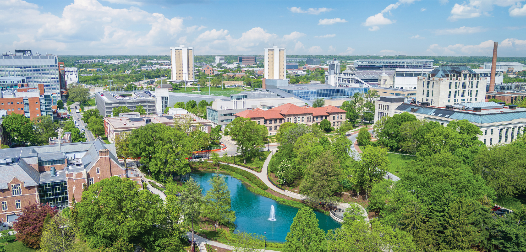 Aerial Photo of the Ohio State campus centered around Mirror Lake