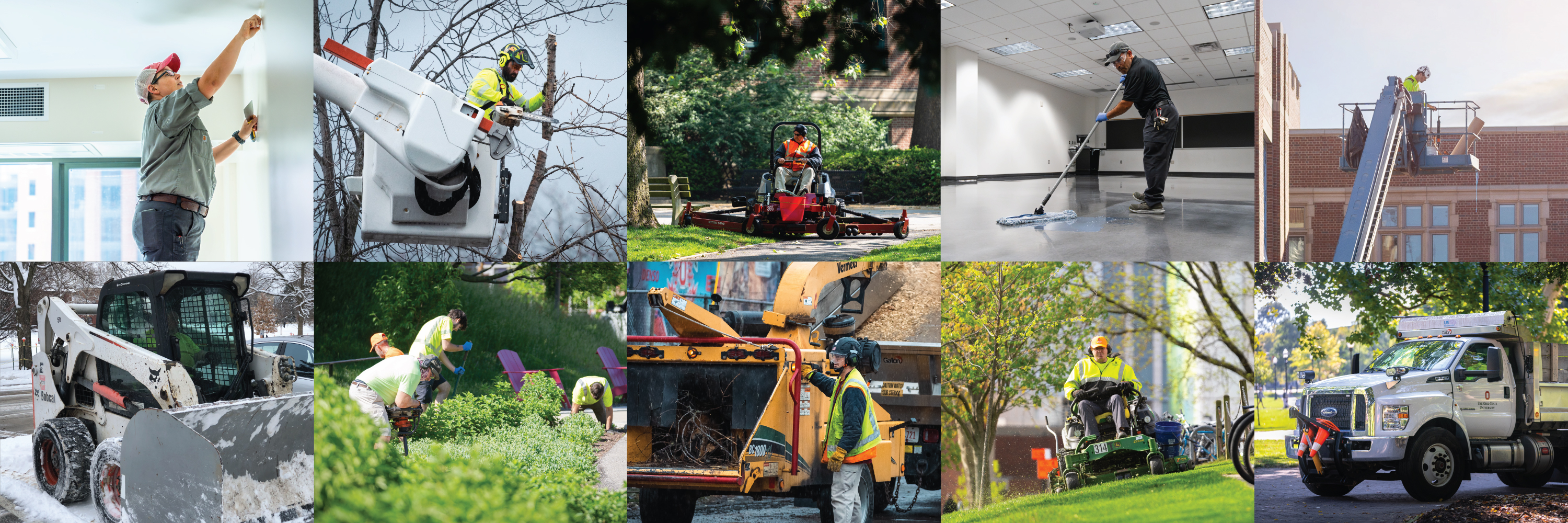Photo collage of various FOD workers performing tasks on The Ohio State University Campus.