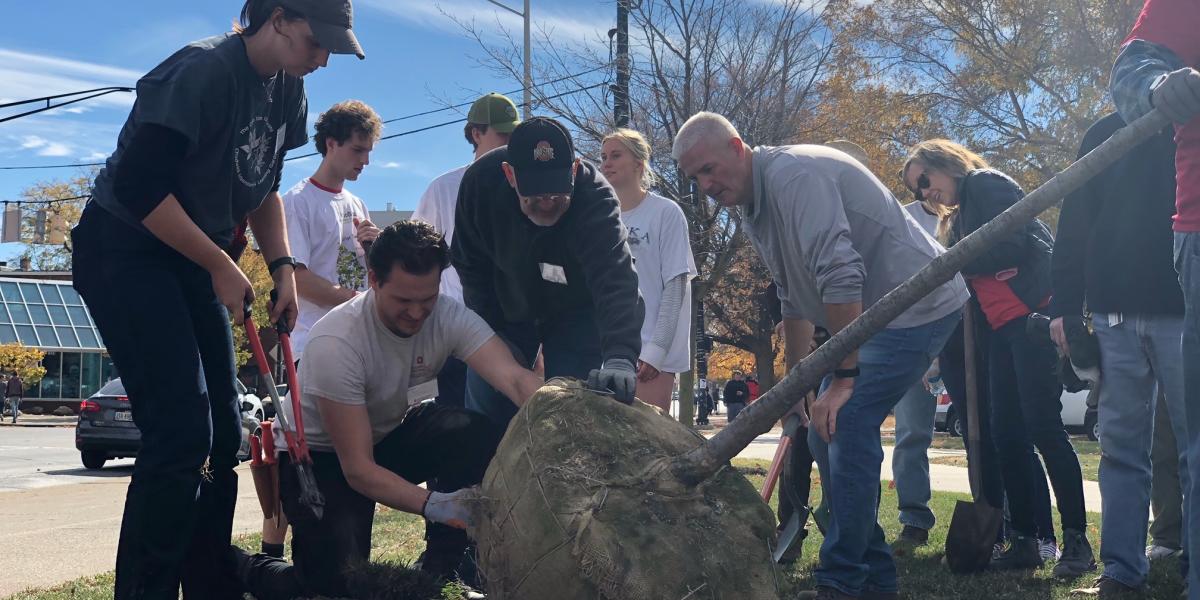 Volunteers gather around staff as they plant a tree.