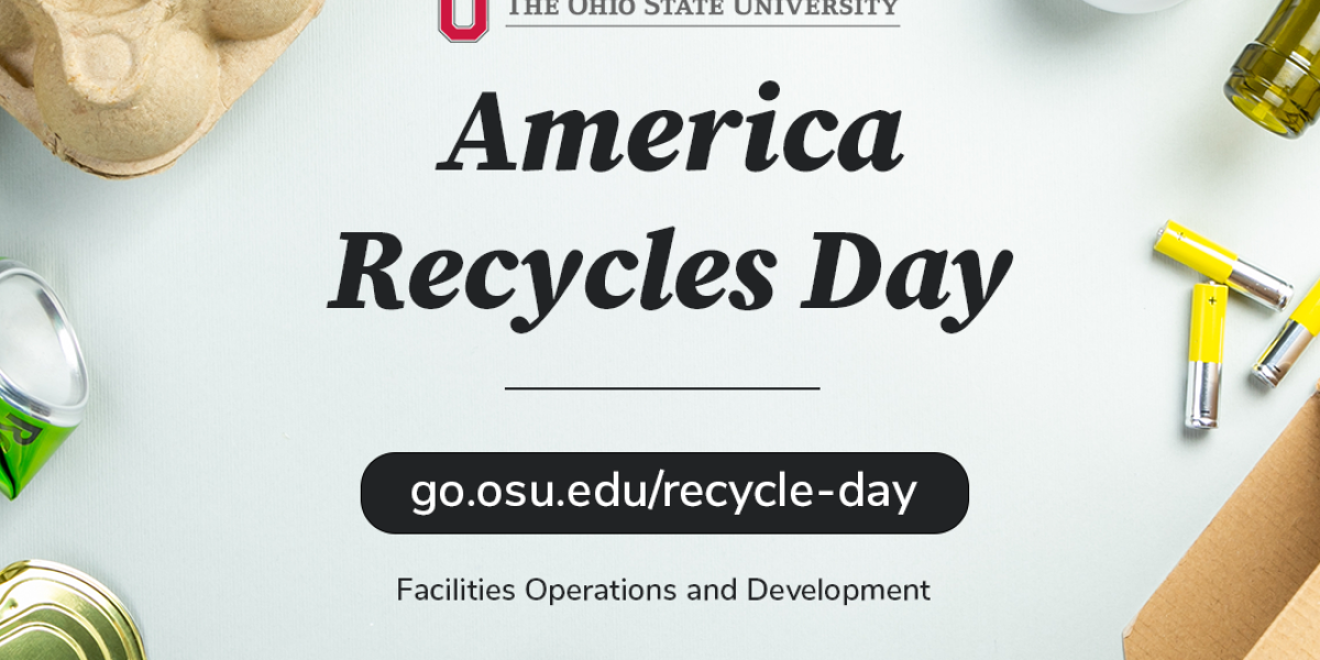 An America Recycles Day graphic with recyclable items surrounding the text on the page.