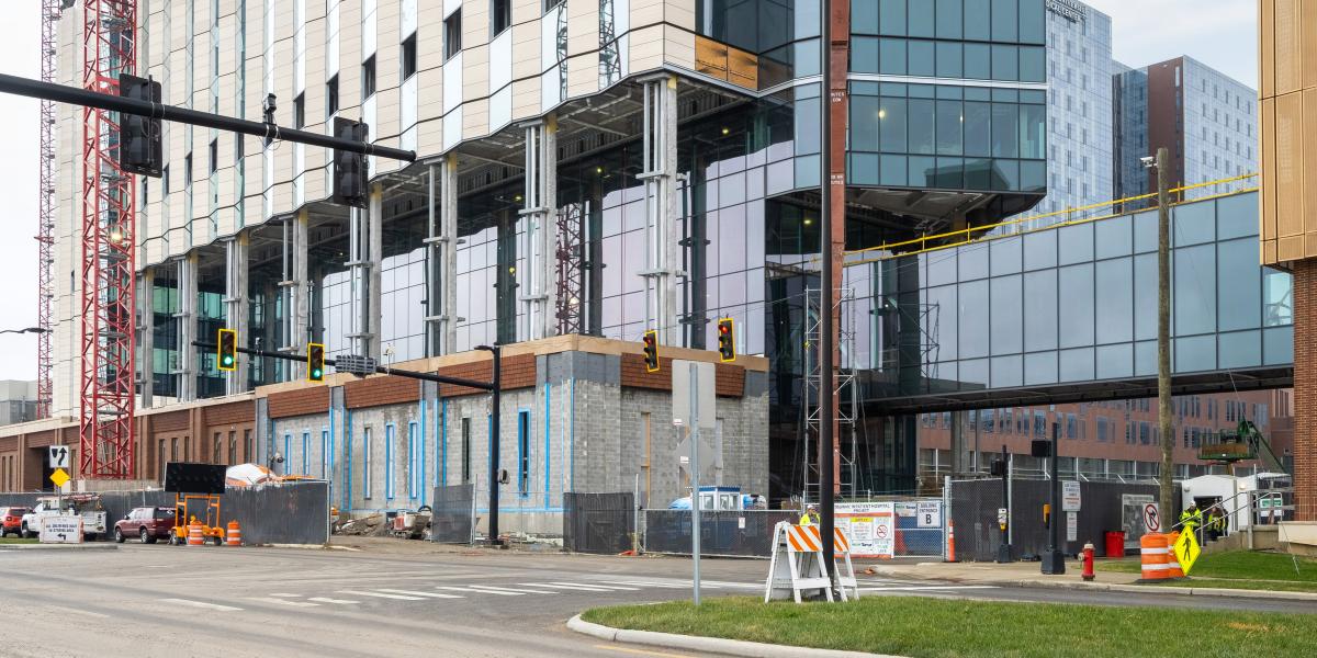 An exterior view of the South end of the building. The parking garage can be seen at the far right. 