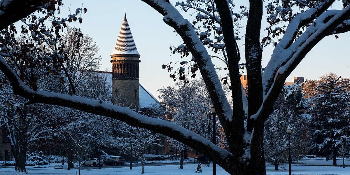 Orton Hall and oval with snow