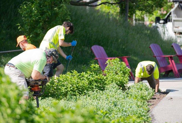 Facilities Operations and Development staff landscaping around Mirror Lake