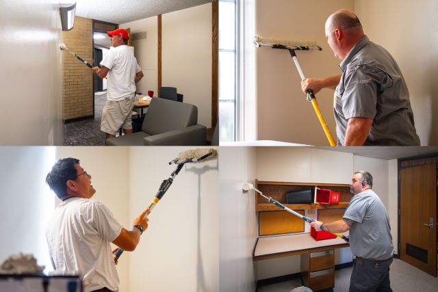 Four photos all showing a man painting a different wall in each.