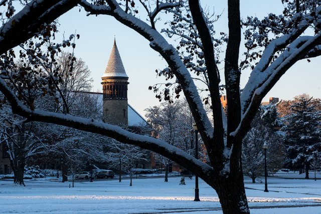 Orton Hall and oval with snow