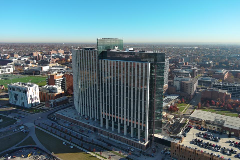 An exterior view of the Inpatient Hospital from a drone.