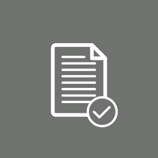 Document with a check mark icon on a grey background.